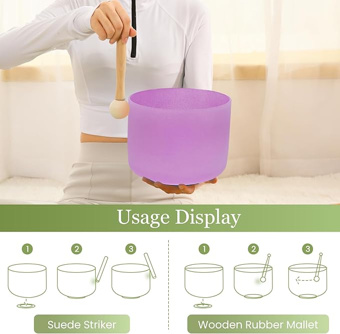 432HZ 8 Inchs B Note Purple Frosted Crystal Singing Bowl for Meditation Healing Yoga Chakra Quartz Crystal Sound Bowls with Heavy Duty Carry Case and Rubber Mallet,Suede Striker,O-ring
