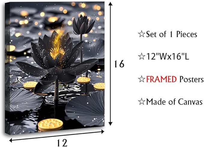 Framed Black and Gold Lotus Floral Wall Art Prints,Black Lotus Art Blooming in Water for Zen Office Decor Wall Art,Modern Meditation Poster Yoga SPA Room Bathroom Home Decor(12"x16")