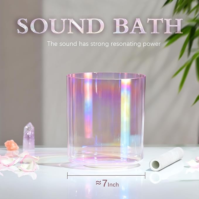 440HZ 7 Inch F Note Heart Chakra Pink Purple Color Clear Quartz Crystal Singing Bowl with Carry Case Bag for Sound Healing and Meditation