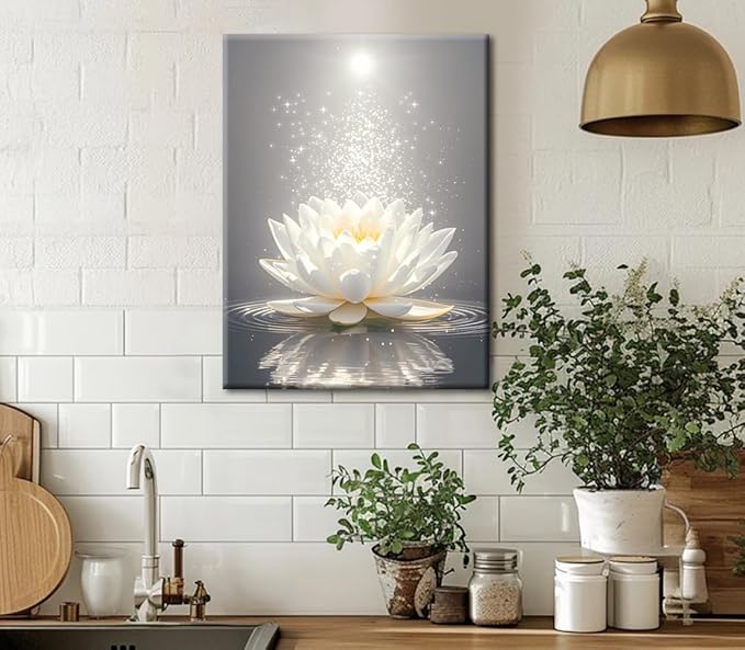 Framed Lotus Floral Pictures Wall Art for Zen Office Decor Meditation Poster,Lotus Floral Wall Art,White Lotus Print,Lotus Flower Bloom in Water Picture Bathroom Decor(12"x16")