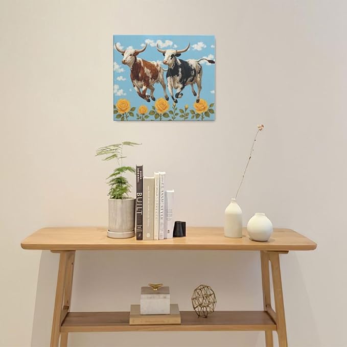 Longhorn Wall Decor Funny Cow Canvas Wall Art Cute Cattle Pictures Painting Artwork Framed Decoration for Bedroom Bathroom Living Room Kitchen Dining Room Office 20"x24"