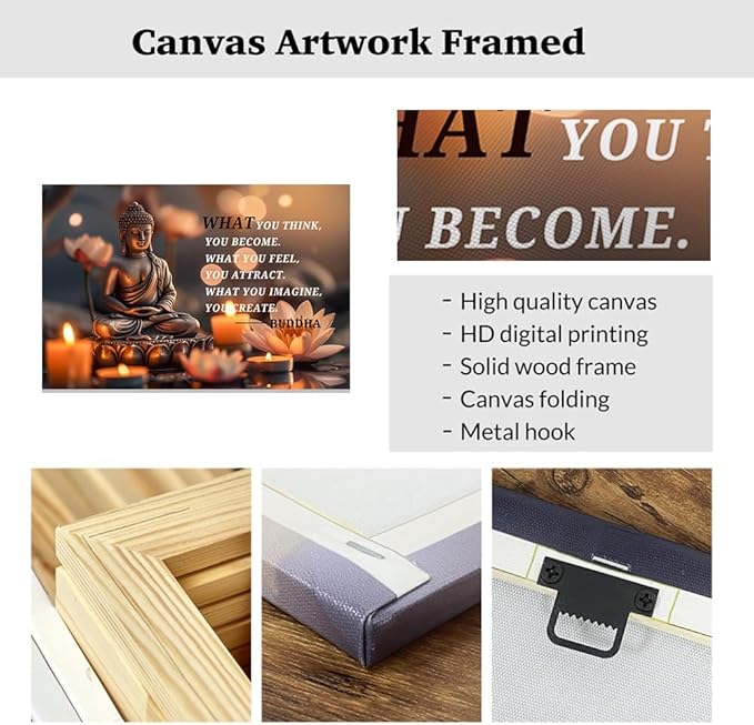 ZXHYWYM Buddhist Motivational Quotes Wall Art Canvas Prints Buddha Lotus Painting Zen Bathroom Pictures for Office Home Spa Yoga Room Wall Decor Framed (28" x 42")