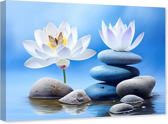 ARTZGX Zen Canvas Wall Art for Bathroom Lotus Pictures Blue Spa Stone Painting Butterfly Flower Artwork for Yoga Decor Frame(Zen - B 28.00" x 42.00")