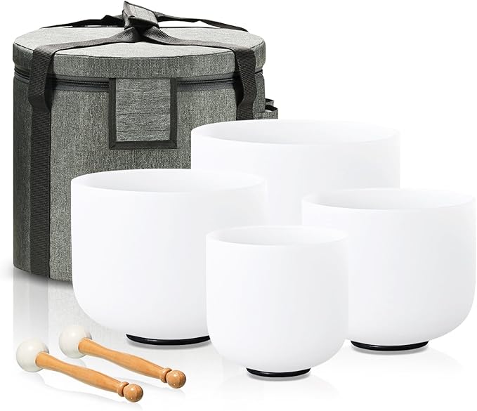 Singing Bowl Set of 4 PCS 6" A Note 8" F Note 10" G Note 12" C Note Frosted Chakra Quartz Crystal Sound bowls With Carry Case Bag.