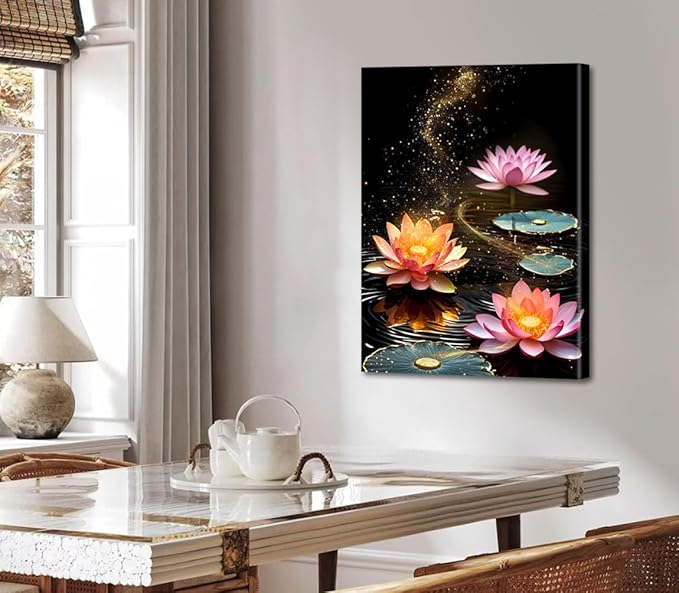 Framed Lotus Floral Canvas Prints Art for Zen Office Decor Wall Art,Zen Canvas Prints Wall Decor,Lotus Flower Bloom in Water Picture,Spiritual Decor Meditation Poster Painting(12"x16")