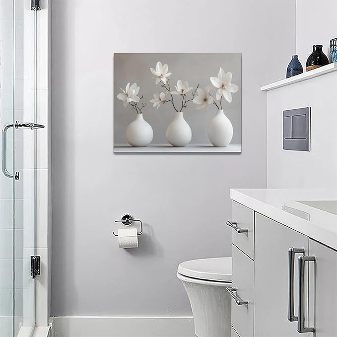 Bathroom Wall Art Zen Wall Decor Spa White Flower Pictures Canvas Painting Framed Artwork Home Decorations for Yoga Meditation Room Living Room Bedroom 16"x12"