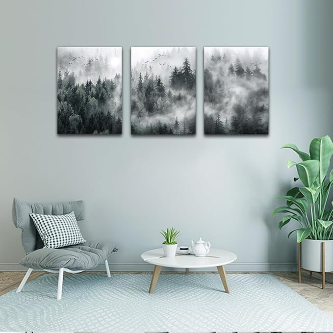 DZRWUBHS Large Wall Decor Living Room Canvas Wall Art For Bedroom Modern Wall Pictures Prints Artworks Office Decoration Foggy Forest Scenery Wall Painting Ready To Hang Room Home Decor 3 Pieces