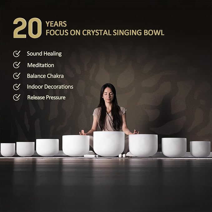 432HZ 7-14 Inch Set Of 8 PCS Frosted Chakra Quartz Crystal Singing Bowls for Sound Healing with 2 PCS Travel Carry Case Bag