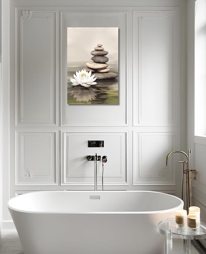KPLUNDO Zen Wall Art Lotus Canvas Print Bathroom Decor Spa Stone Picture Meditation Painting Vintage Artwork for Spiritual Room Living Room Office Modern Home Decor Frame(Art-3,12.00x18.00 inch)