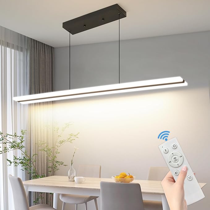 47" LED Linear Pendant Light Fixtures, 25W Dimmable Pool Table Light with Remote, Modern Island Lights for Kitchen Dining Room Living Room Office Bar