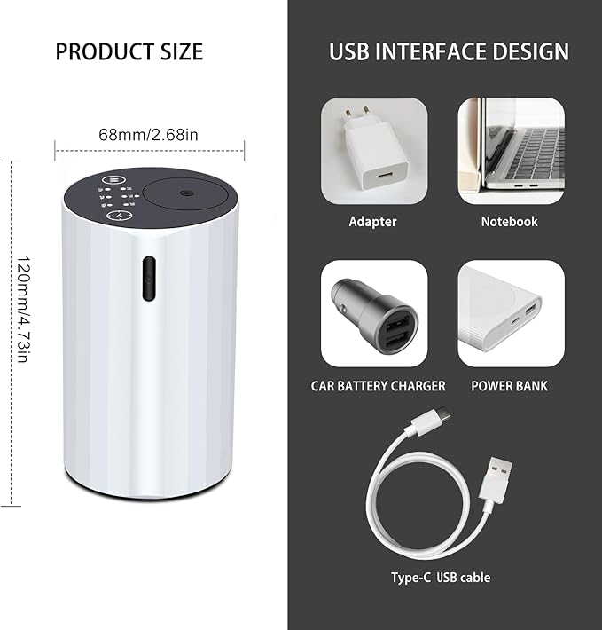 Waterless Essential Oil Diffuser Aromatherapy Scent Diffusers for Home Large Room, Bedroom, Car, Office, Desk, Battery Operated Mini Portable Air Freshener (White)