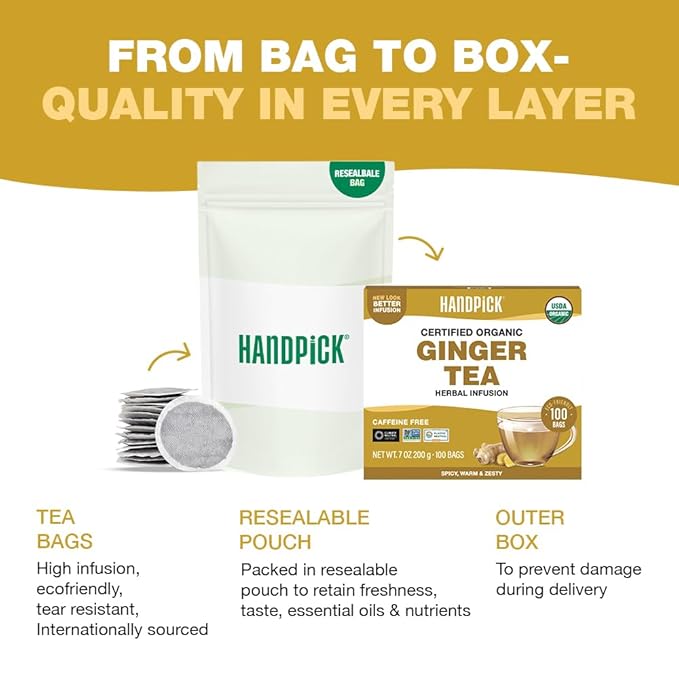HANDPICK, Organic Ginger Tea Bags (100 Herbal Tea Bags), Authentic Indian Origin, Caffeine Free & 100% Pure Ginger Root |Soothing & Spicy Blend | Round Eco Conscious Teabags