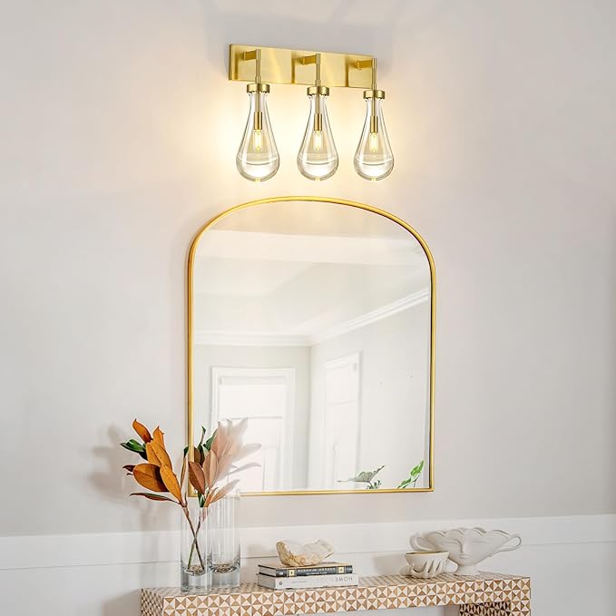 Raindrop Wall Sconces Gold Crystal Sconces Wall Decor Modern Brass Lighting Glass Bathroom Sconces Indoor Vanity Light Wall Lamp for Bedroom Living Room Stair(3-Light)