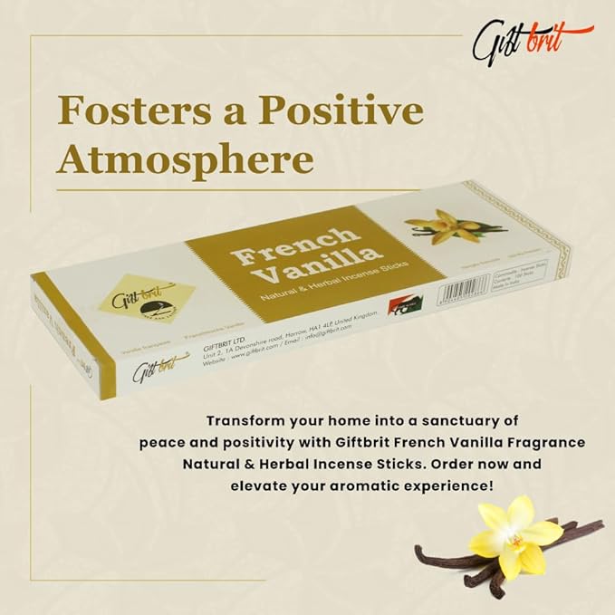 Giftbrit French Vanilla Fragrance Natural & Herbal Incense Sticks 100 Sticks with Incense Holder for Meditation, Yoga, Church, Relaxation, Healing and Positivity