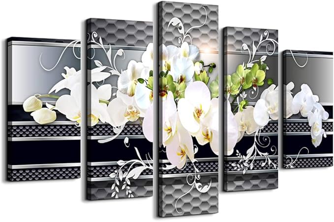 5 Piece Wall decor Canvas art for living room Picture Butterfly Orchid Flowers Contemporary Black White Abstract prints Modern Home bedroom Wall decorations inspirational wall art posters artwork