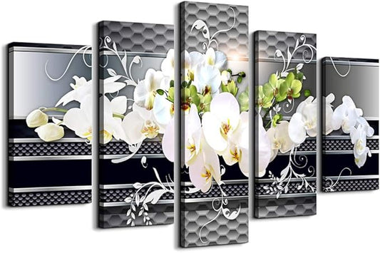 5 Piece Wall decor Canvas art for living room Picture Butterfly Orchid Flowers Contemporary Black White Abstract prints Modern Home bedroom Wall decorations inspirational wall art posters artwork