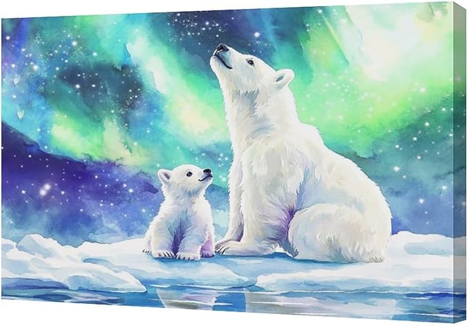 Olivine Polar Bear Wall Art, Northern Lights Pictures Wall Decor,Watercolor Polar Landscape Canvas Prints Paintings, Framed Artwork for Bathroom Bedroom Living Room Office Home Decoration 24"x16"