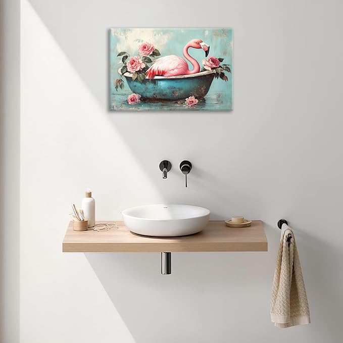 Olivine Flamingo Wall Art, Funny Animal Bathtub Pictures Wall Decor, Vintage Flamingo Bathroom Painting Tropical Animal Canvas Prints, Framed Artwork for Bedroom Living Room Office Home 24"x16"