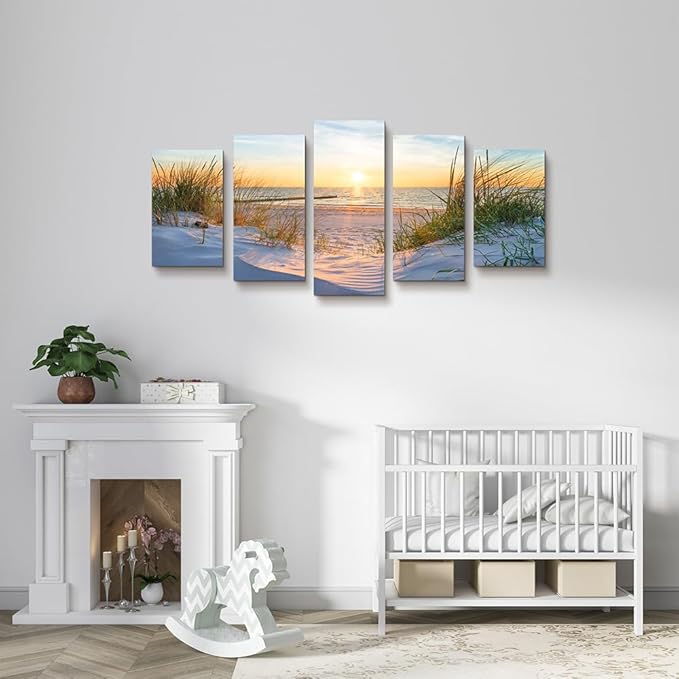 Canvas Wall Art For Living Room Large Size Wall Decor For Bedrooms Beach Grass Blue Ocean Landscape Painting Office Wall Decorations Seascape Print Canvas Pictures Artwork Home Decor Works 5 Piece
