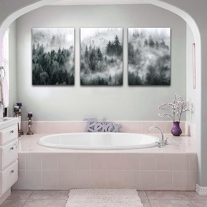 DZRWUBHS Large Wall Decor Living Room Canvas Wall Art For Bedroom Modern Wall Pictures Prints Artworks Office Decoration Foggy Forest Scenery Wall Painting Ready To Hang Room Home Decor 3 Pieces