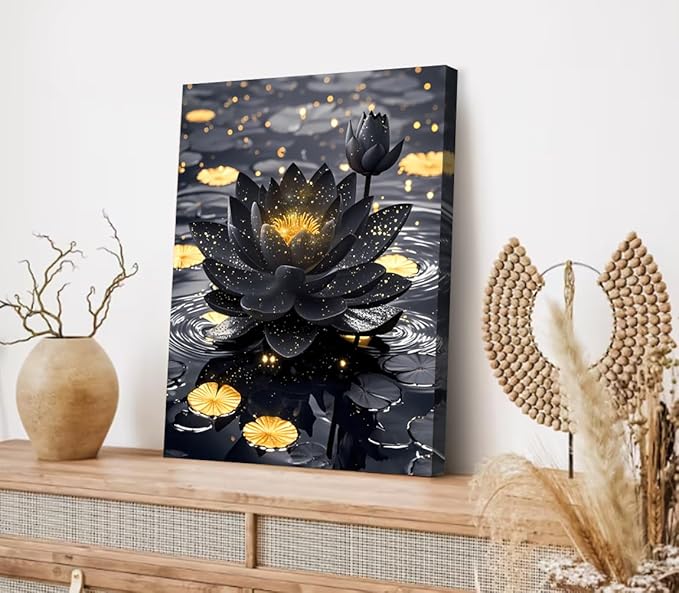 Lotus Floral Wall Art for Zen Office Decor Wall Art,Framed Black and Gold Lotus Flower Painting Artwork,Modern Meditation Poster Yoga SPA Room Bathroom Home Decor(12"x16")