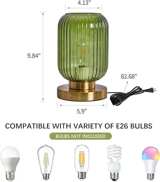 Glass Table Lamps Mid Century Modern Globe, Dimmable Green Table Lamp for Nightstand, Small Gold Table Lamp, Green Pumpkin Design Ribbed Glass Vintage Bedside Lamp for Bedroom Living Room Office