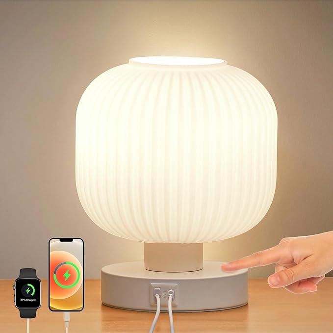 Big Touch Glass Bedside Lamps,Table Lamps 3 Way Dimmable with USB C+A Charging Ports - Bedroom Nightstand & Living Room Essential, 9W Bulb Included