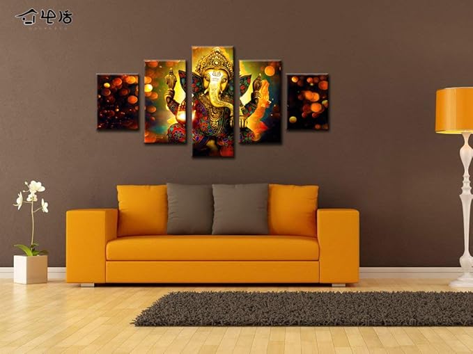 Large 5 Panel Hindu God Ganesha Wall Art - Traditional Indian Canvas Prints for Home Decor (60x32 Inch, Framed)