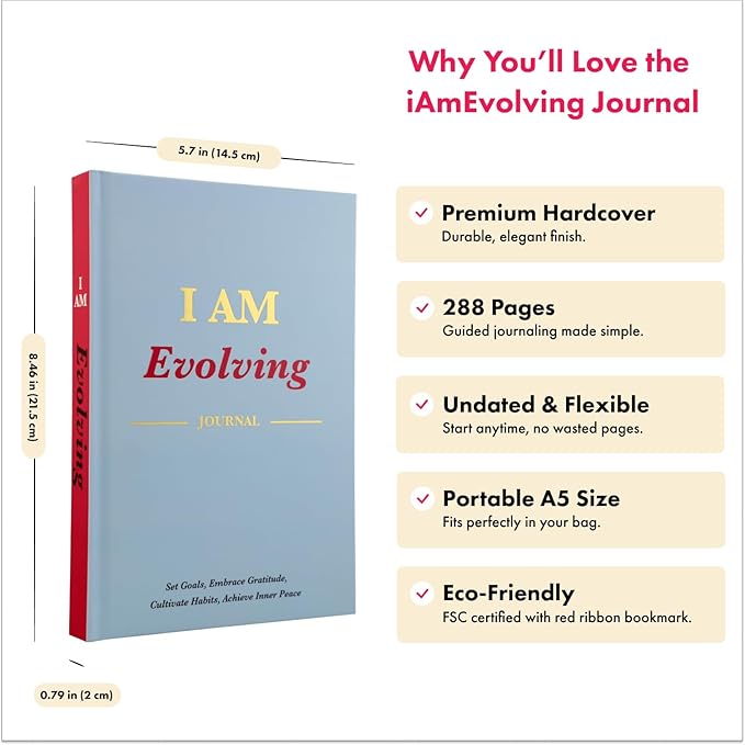 iAmEvolving Journal – Gratitude Journal with Prompts for Goal Setting, Habit Tracking, Mindfulness, Daily Reflection, Affirmations – 2025 Undated Self-Care Notebook for Women & Men (Columbia Blue)