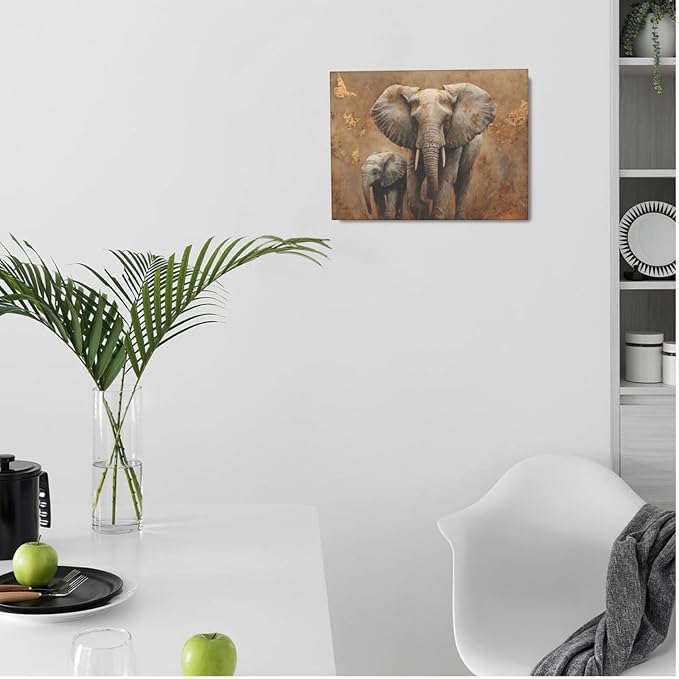 Elephant Wall Art African Animal Pictures Elephant Family Canvas Painting Decoration Artwork Framed Wall Decor Gifts for Women Girl Living Room Kids Bedroom 12"x16"