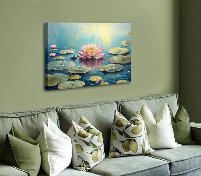 Pink Lotus Wall Art Prints,Framed Watercolor Lotus Flower Print Wall Art for Zen Office Decor Wall Art,Botanical Canvas Art Print for Bathroom Home Office Living Room Yoga Decor(12" x16)