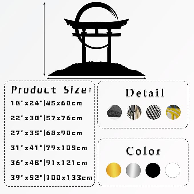 Torii Gate Metal Wall Art, Torii Gate Metal Wall Decor, Large Japanese Hanging, Zen Sculpture, Asian Zen Sign, Living Room, Bedroom Art (Silver, 31"x41"|79x105cm)