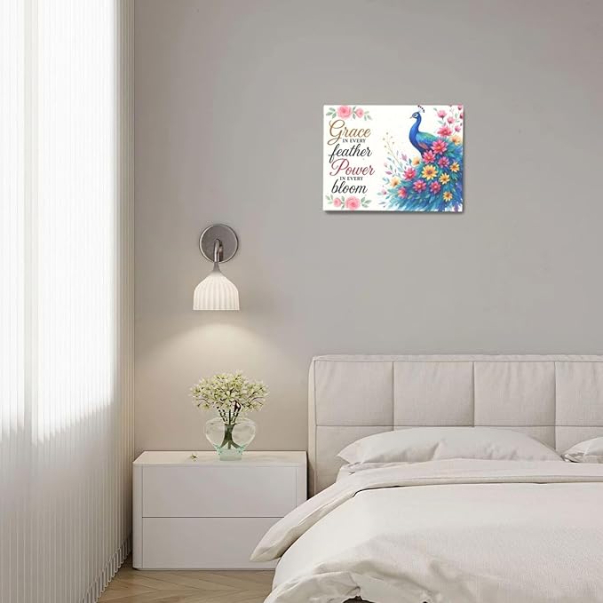 Peacock Wall Art Elegant Peacock Wall Decor Inspirational Canvas Print Painting Pictures Motivational Artwork Framed Decorations Gifts for Women girls Bedroom Bathroom Living Room Office 12"x16"