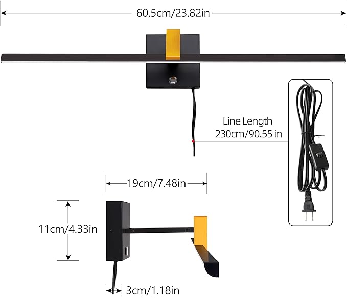 MantoLite LED Dimmable Bathroom Mirror Vanity Light Fixture 24inch 14W Cabinet Picture Wall Lights, Indoor Lightings Wall Sconce with Ajustable Arm Bedside Reading Lamp, Pulg in Display Lamps Black