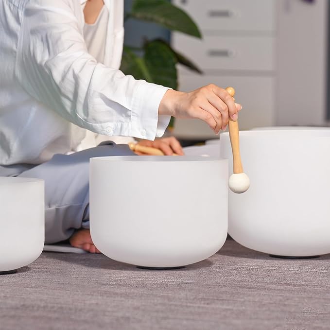 Singing Bowl Set of 4 PCS 6" A Note 8" F Note 10" G Note 12" C Note Frosted Chakra Quartz Crystal Sound bowls With Carry Case Bag.