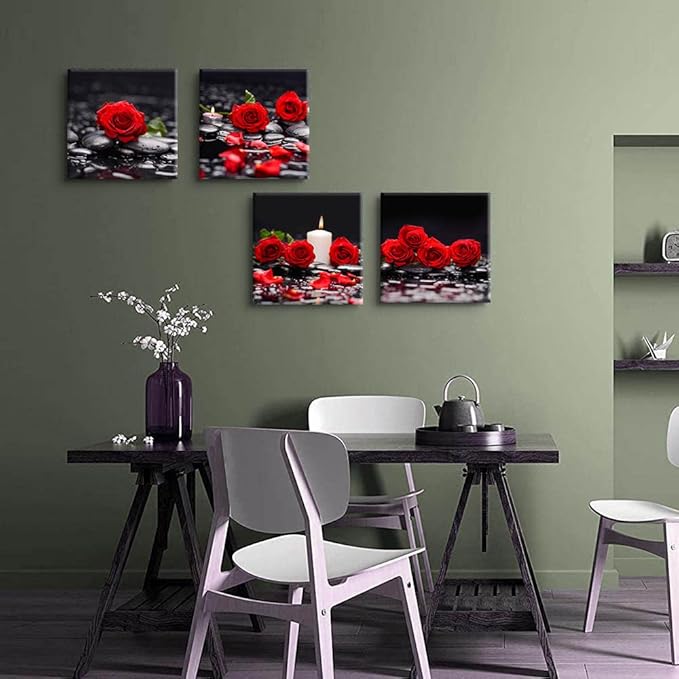 Yxbhhym-Zen Bathroom Wall Art Rose Picture Black and Red Wall Decor Flower Canvas Prints Meditation Poster Framed Wall Art for Living Room Bedroom Accessories Room Décor Spa Stone Decorations