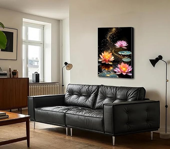 Framed Lotus Floral Canvas Prints Art for Zen Office Decor Wall Art,Zen Canvas Prints Wall Decor,Lotus Flower Bloom in Water Picture,Spiritual Decor Meditation Poster Painting(12"x16")