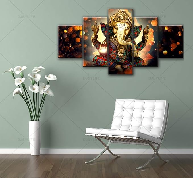 Large 5 Pieces Lord Ganesha Indian Wall Decor - Elephant Photo Picture Canvas Print Paintings for Living Room House Framed Decorations (60" W x 32" H)