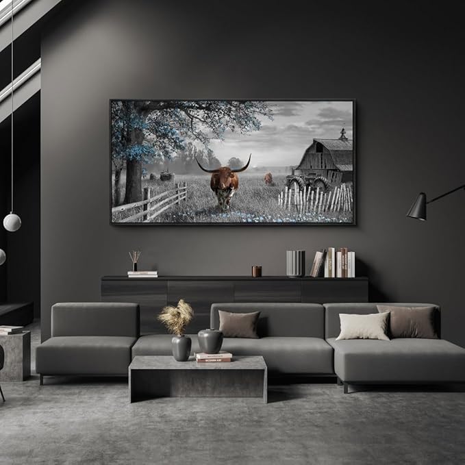 yiijeah Western Decor for Home - Pictures Wall Decor Living Room Modern Rustic Farmhouse Framed Wall Decor Prints Highland Cow boho Longhorn Decor Bedroom Canvas Artwork for Walls