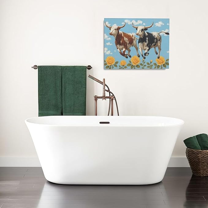Longhorn Wall Decor Funny Cow Canvas Wall Art Cute Cattle Pictures Painting Artwork Framed Decoration for Bedroom Bathroom Living Room Kitchen Dining Room Office 16"x20"