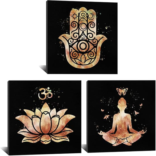 Derkymo 3 Panel Yoga Wall Art Abstract Lotus Flower Picture Prints Meditation Zen Art Wall Decor for Home Decoration Framed to Hang 12"x12"x3pcs