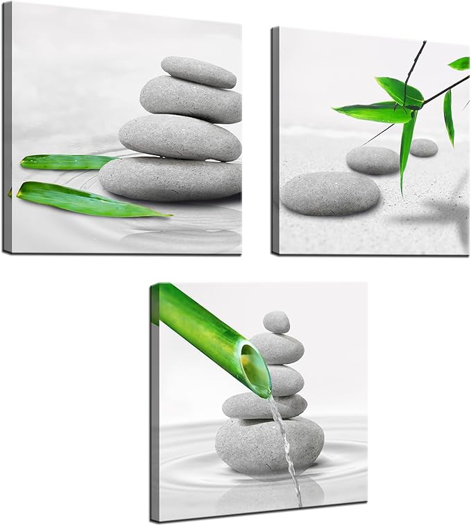 Biuteawal 3 Piece Zen Decor Bathroom Wall Art Spa Still Life With Green Bamboo Pictures Grey Stone Painting Prints Modern Canvas Artwork Spa Meditation Yoga Room Home Bedroom Decoration
