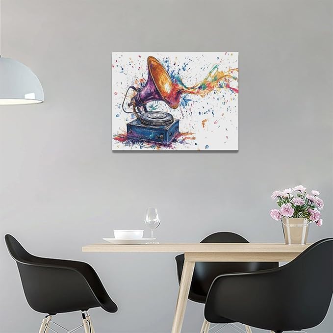 Fleruku Watercolor Phonograph Wall Art Colorful Phonograph Wall Decor Pictures Canvas Painting Artwork Home Decorations for Living Room Bedroom Bathroom Office Nursery Classroom 16"x12"