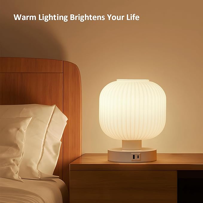 Big Touch Glass Bedside Lamps,Table Lamps 3 Way Dimmable with USB C+A Charging Ports - Bedroom Nightstand & Living Room Essential, 9W Bulb Included