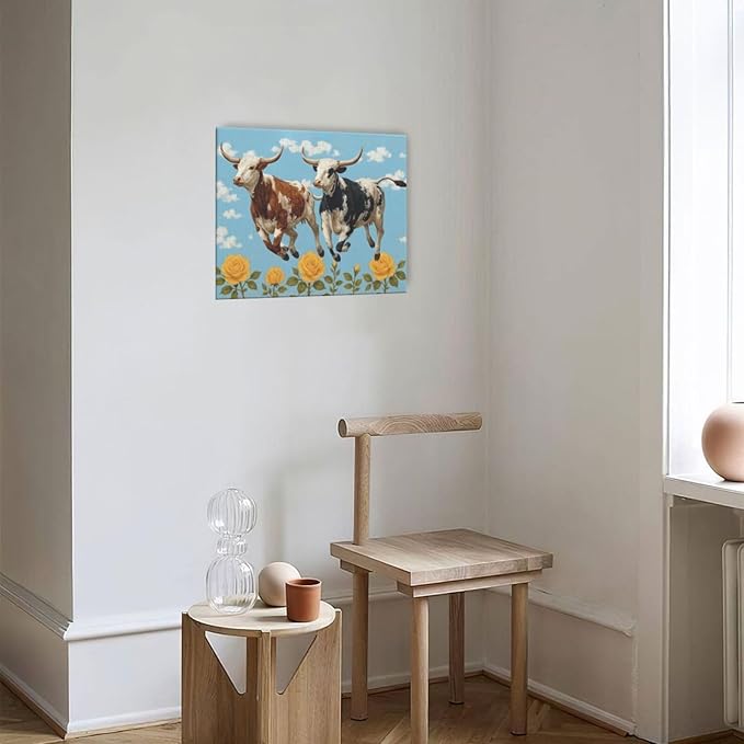 Longhorn Wall Decor Funny Cow Canvas Wall Art Cute Cattle Pictures Painting Artwork Framed Decoration for Bedroom Bathroom Living Room Kitchen Dining Room Office 20"x24"