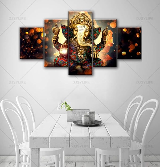 Large 5 Pieces Lord Ganesha Indian Wall Decor - Elephant Photo Picture Canvas Print Paintings for Living Room House Framed Decorations (60" W x 32" H)