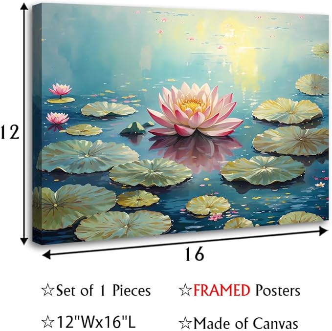 Pink Lotus Wall Art Prints,Framed Watercolor Lotus Flower Print Wall Art for Zen Office Decor Wall Art,Botanical Canvas Art Print for Bathroom Home Office Living Room Yoga Decor(12" x16)