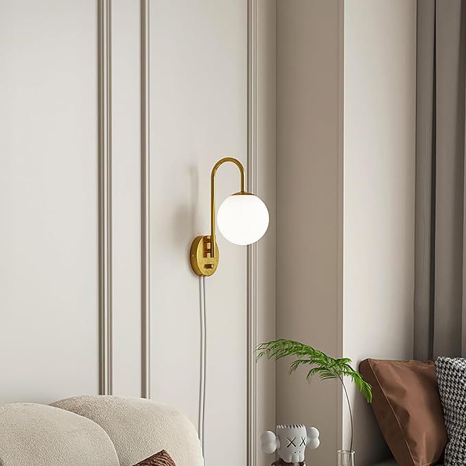 Plug in Wall Sconces Decor Set of Two, Modern Gold Globe Wall Lamp, Stepless Dimmable Gooseneck Wall Light for Living Room Bedroom Hallway, Milky White Glass Shade, 2-Pack E12 Bulb, Optional Hardwired