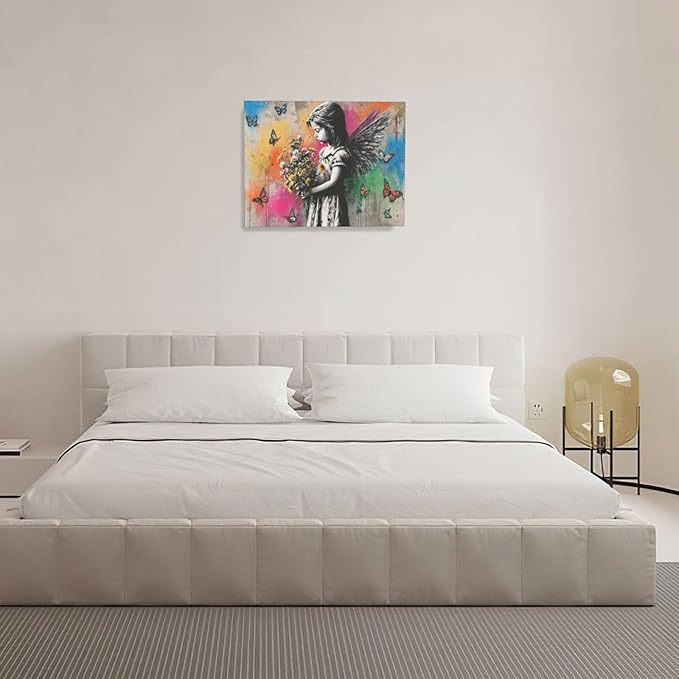 Banksy Wall Art Butterfly Girl Pictures Street Pop Art Graffiti Canvas Wall Decor Vintage Kids Aesthetic Painting Artwork Decorations Framed for Living Room Bedroom Bathroom Kid Room Office 16"x20"