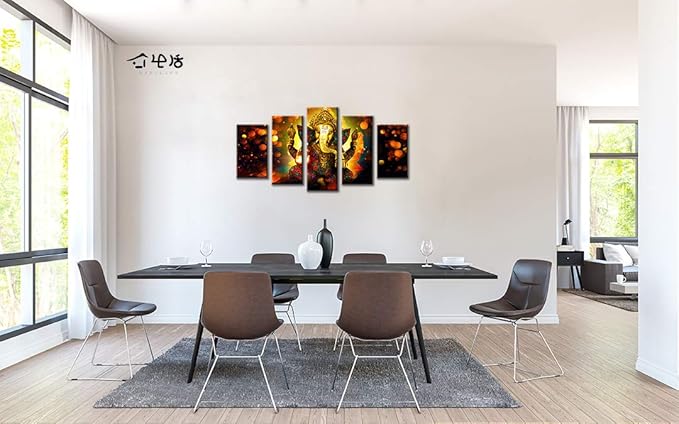 DJSYLIFE Hindu God Ganesha Wall Art Canvas Printed for Living Room Decorative Painting Modern Home Decor 5pcs HD Print Lord Ganesha Elephant Picture Art Wall Framed Ready to Hang (40" W x 22" H)